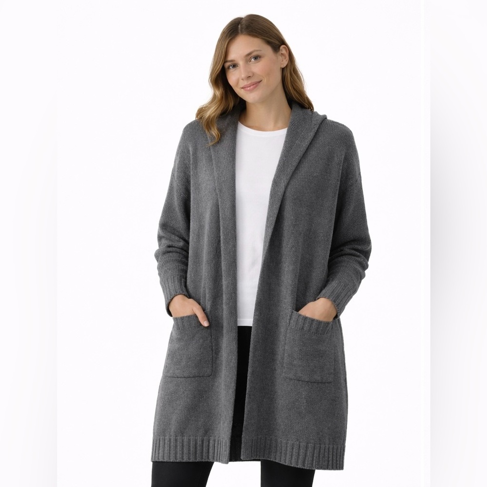 Women’s Long Hooded Knit Cardigan — Charcoal Gray — One Size